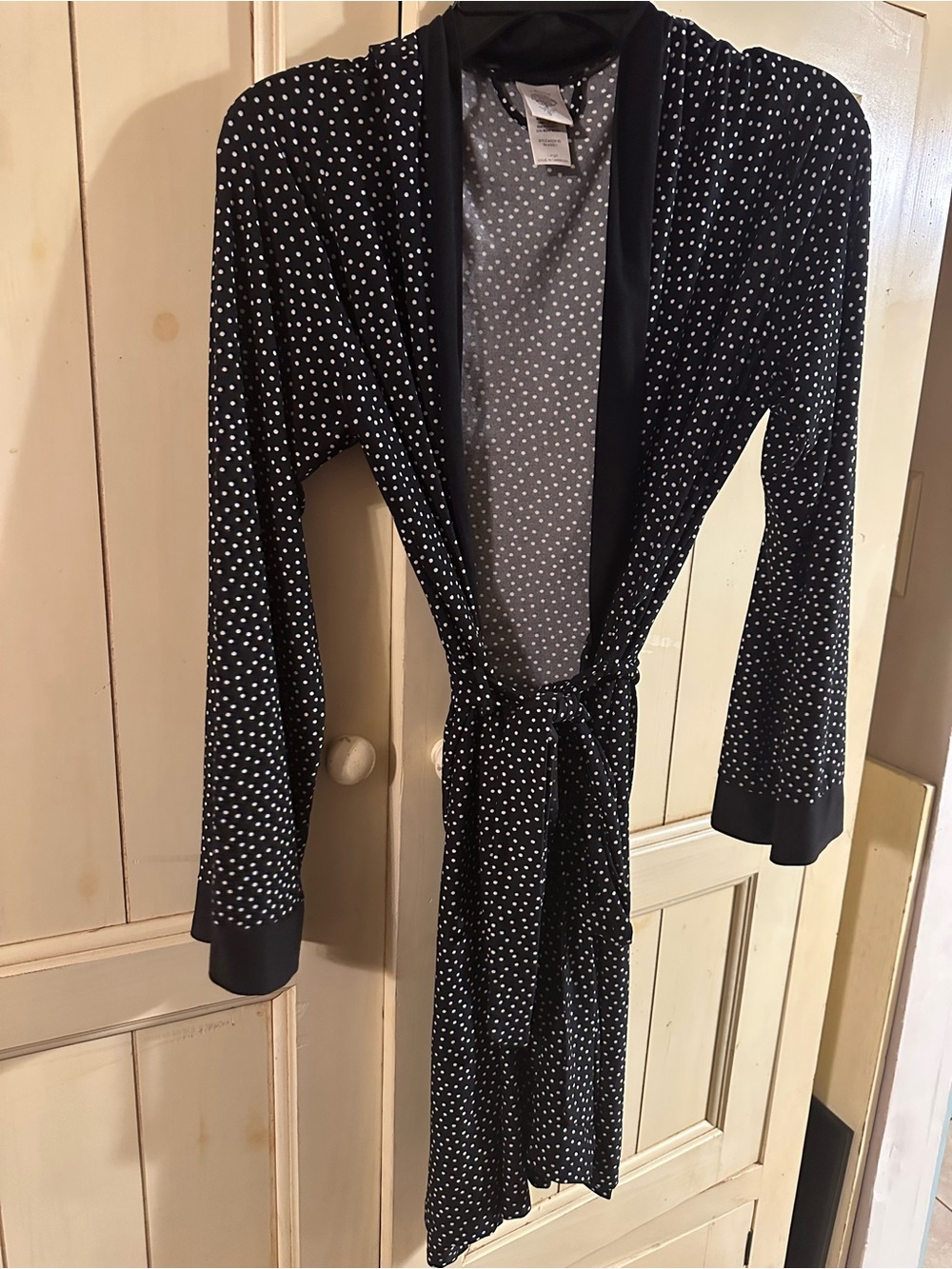 Polka Dot Long Sleeve Robe with Satin Trim - Black/White